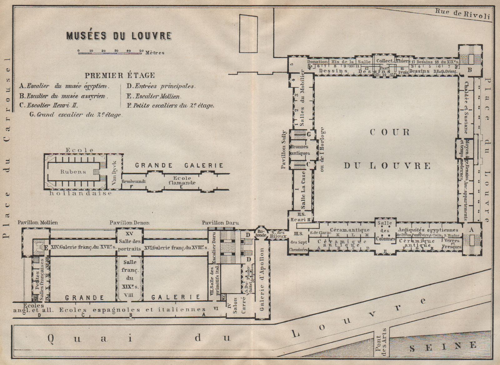 MUSÉES DU LOUVRE; PREMIER ÉTAGE First floor plan. Paris carte 1907 old map